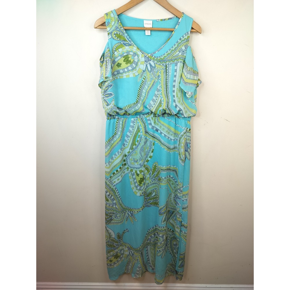 Chico's Cold Shoulder Maxi Dress 1 / Medium Paisley Chiffon Blue Green